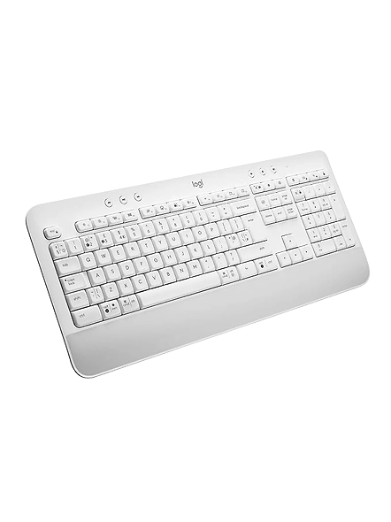Logitech K650 wireless keyboard (White) boasts a built-in palm rest, comfy deep-cushioned keys, and multi-device connection (Bluetooth or USB) for a productive setup (Windows/Mac compatible).-code674