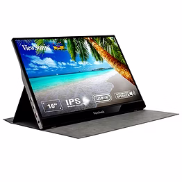 viewsonic 16 inch portable lcd monitor with one-cable solution 60w charge back for laptops and mobile devices speaker, 2 x usb type-c, light weight, metal case, aluminum stand & anti-slip cover vg1655