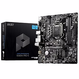 msi b560m pro-e motherboard, micro-atx, supports intel core 11th gen processors, lga 1200-2 x dimms (5200mhz/oc), 1 x pcie 4.0 x16, 1 x m.2 gen4/3, 2.5g lan