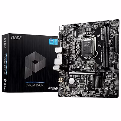 msi b560m pro-e motherboard, micro-atx, supports intel core 11th gen processors, lga 1200-2 x dimms (5200mhz/oc), 1 x pcie 4.0 x16, 1 x m.2 gen4/3, 2.5g lan