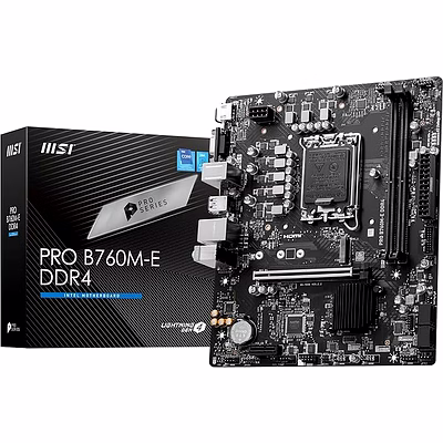 msi pro b760m-e ddr4 motherboard, micro-atx - supports intel 14th, 13th & 12th gen core processors, lga 1700 - ddr4 memory boost 4800+mhz/oc, pcie 4.0 x16 slot, m.2 gen4 slot