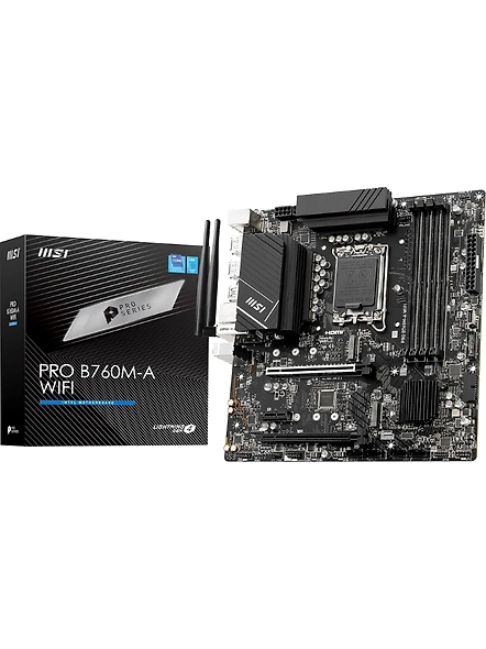 MSI PRO B760M-A WiFi ProSeries Motherboard, Supports 14th/13th/12th Gen Intel Processors, LGA 1700, DDR5, PCIe 4.0, M.2, 2.5Gbps LAN, USB 3.2 Gen2, Wi-Fi 6E, mATX-code1195