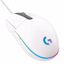 logitech g203 wired gaming mouse in white, featuring 8,000 dpi, lightsync rgb rainbow optical effect, 6 programmable buttons, on-board memory, screen mapping, and pc/mac compatibility.