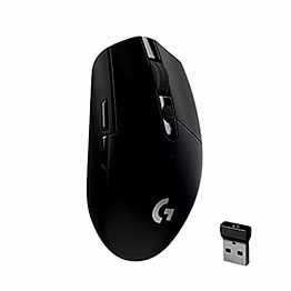logitech g304 lightspeed wireless gaming mouse in black, featuring a hero sensor with 12,000 dpi, lightweight design, 6 programmable buttons, 250-hour battery life, on-board memory, and pc/mac compatibility.