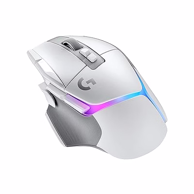 logitech g502 x lightspeed plus wireless rgb gaming mouse in white, featuring lightforce hybrid switches, lightsync rgb, hero 25k gaming sensor, and pc/macos/windows compatibility.