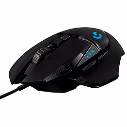 logitech g502 hero high performance wired gaming mouse in black, featuring a hero 25k sensor with 25,600 dpi, rgb lighting, adjustable weights, 11 programmable buttons, on-board memory, and pc/mac compatibility.