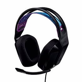 logitech g335 lightweight gaming wired over-ear headphones with mic, featuring flip-to-mute, 3.5mm audio jack, memory foam earpads, and compatibility with pc, playstation, xbox, and nintendo switch, in black.