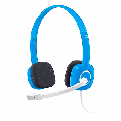 logitech h150 stereo headset with mic in blue.