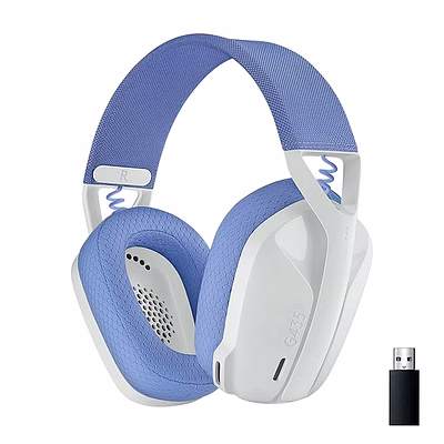 logitech g435 lightspeed and bluetooth wireless over-ear gaming headphones in white, featuring a lightweight design, dual microphones, 18-hour battery life, and compatibility with dolby atmos, pc, ps4, ps5, and mobile devices.