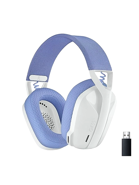Logitech G435 Lightspeed and Bluetooth Wireless Over-Ear Gaming Headphones in White, featuring a lightweight design, dual microphones, 18-hour battery life, and compatibility with Dolby Atmos, PC, PS4, PS5, and mobile devices.-B09GFZCC7V