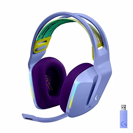 logitech g733 lightspeed wireless gaming on-ear headset in lilac, featuring a suspension headband, lightsync rgb, blue vo!ce mic technology, and pro-g audio drivers.