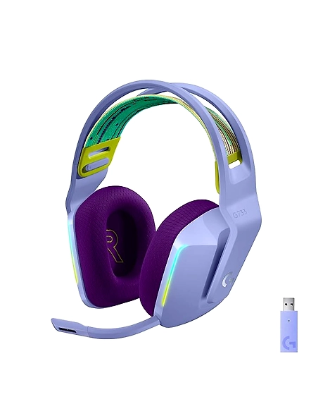 Logitech G733 Lightspeed Wireless Gaming On-Ear Headset in Lilac, featuring a suspension headband, LIGHTSYNC RGB, Blue VO!CE mic technology, and PRO-G audio drivers.-B08VDSHXG1
