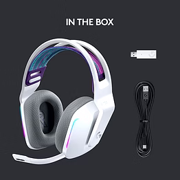 logitech g733 lightspeed wireless gaming headset in white, featuring an over-ear suspension headband, lightsync rgb, blue vo!ce mic technology, and pro-g audio drivers.