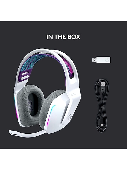 Logitech G733 Lightspeed Wireless Gaming Headset in White, featuring an over-ear suspension headband, LIGHTSYNC RGB, Blue VO!CE mic technology, and PRO-G audio drivers.-B08NTBL1R6