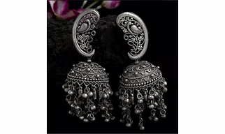 Peacock Shaped Tribal Design Oxidised Silver Plated Handcrafted Chandelier Jhumkas