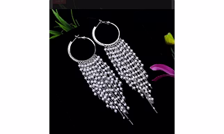 Korean Silver Plated Hanging long Pearl Chain Hoops Earring