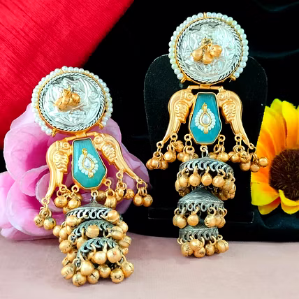 Silver Look Alike Moissanite Stone Jhumkas For Women High Quality Brass With Oxidised Silver Finish Skin Friendly Anti Tarnish-3