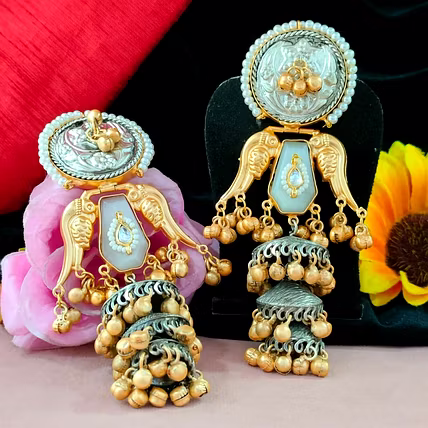 Silver Look Alike Moissanite Stone Jhumkas For Women High Quality Brass With Oxidised Silver Finish Skin Friendly Anti Tarnish-2