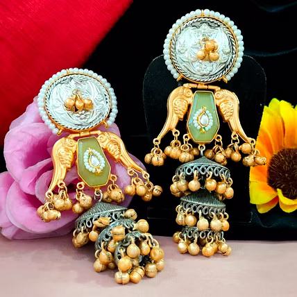 Silver Look Alike Moissanite Stone Jhumkas For Women High Quality Brass With Oxidised Silver Finish Skin Friendly Anti Tarnish-1