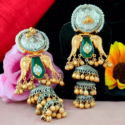 Silver Look Alike Moissanite Stone Jhumkas For Women High Quality Brass With Oxidised Silver Finish Skin Friendly Anti Tarnish-12748727