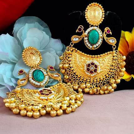 Apala Polish And Moissanite Stone Earrings For Women Luxurious Antique Gold Finish Ideal For Weddings, Special Occasions-2