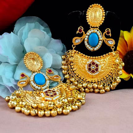 Apala Polish And Moissanite Stone Earrings For Women Luxurious Antique Gold Finish Ideal For Weddings, Special Occasions-1
