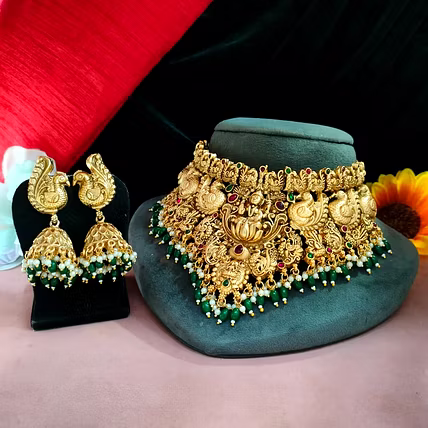 High Quality Anti Tarnish Temple Look And Pearls Hanging Necklace Set With Gold Polish Comfortable Ideal For Weddings, Festivals-12748731