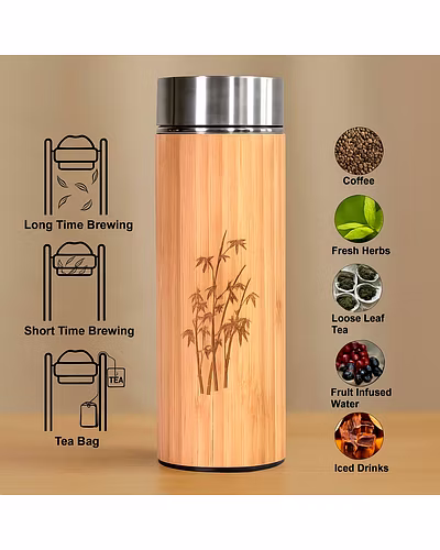Thermo sealed Double wall 450 ml Bamboo Water Bottle with Stainless steel inside-12764899