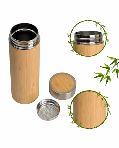 Thermo sealed Double wall 450 ml Bamboo Water Bottle with Stainless steel inside-2