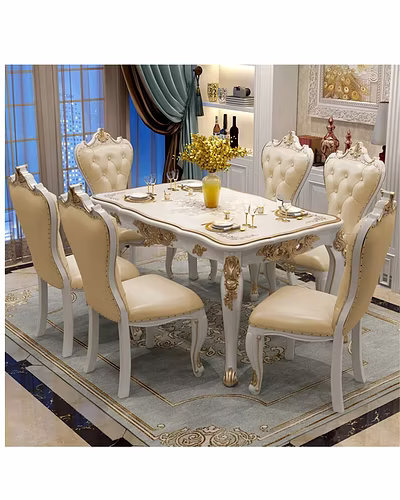 Carved Golden Dining Table Set European Classic 6 Seater-Dining-10029