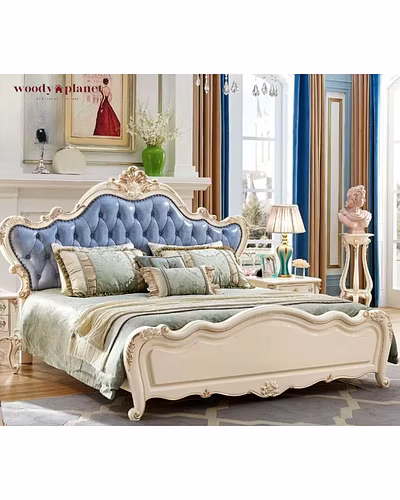 Indian Classical Style Cream Color Finish Tufted Bed-Beds-10034