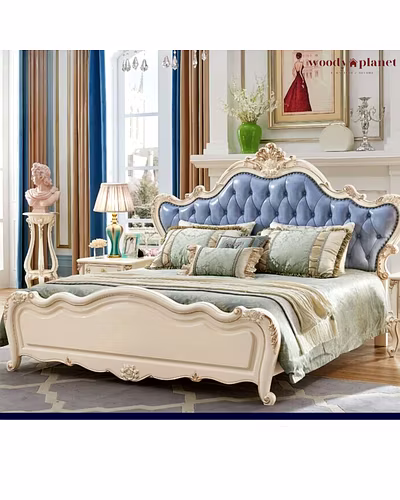 Indian Classical Style Cream Color Finish Tufted Bed-Beds-1