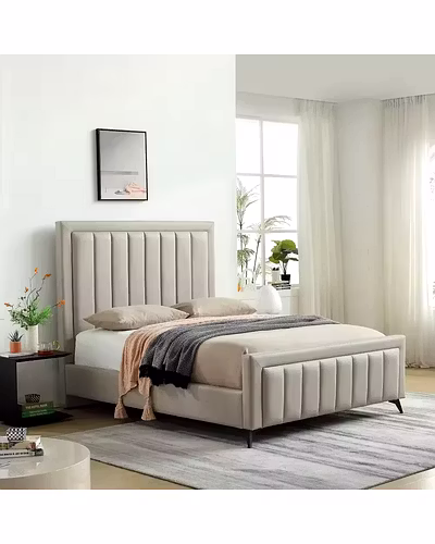 Elegant Modern Queen Bed with High Headboards and Wooden Frame-Beds-10036