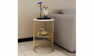 Coffee Round Accent Table for Living Room and Balcony with Metal & Engineered Wood Tabletop and Gold Coated Colour Frame -White-Gold-Jali-Home Décor