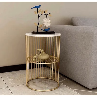 coffee round accent table for living room and balcony with metal & engineered wood tabletop and gold coated colour frame -white-gold-jali-home décor