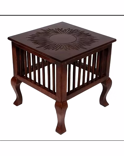 Mango Wood Walnut Finish Handmade Carving Classic Side Table-Home Décor-2