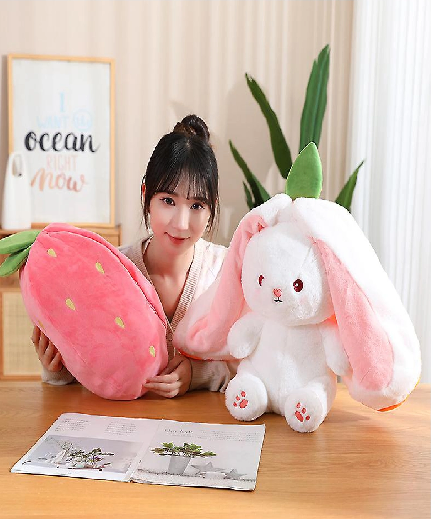 Plush Toy Pillow, Reversible Bunny, Cute Rabbit Sofa Pillow, Easter Bunny Stuffed Animal Cute Rabbit Plushie Birthday Gift for Boys Girls (Medium, Strawberry Bunny)-3