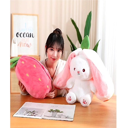 Plush Toy Pillow, Reversible Bunny, Cute Rabbit Sofa Pillow, Easter Bunny Stuffed Animal Cute Rabbit Plushie Birthday Gift for Boys Girls (Medium, Strawberry Bunny)-3