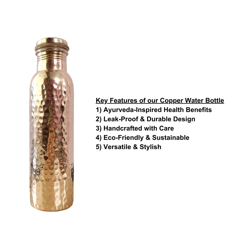 Hammered Copper Water Bottle | 32.5 OZ/950 ML | Handcrafted in India with Ayurveda &amp; Yoga Health Benefits | Detoxifies Body, Improves Digestion, Immunity &amp; Skin Tone-2