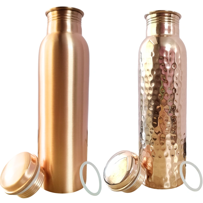 Set of 2 Plain Finish Copper Water Bottle &amp; Hammered Copper Water Bottle | 32.5 OZ/950 ML each | Handmade &amp; Ayurveda Yoga Health Benefits | Detoxifies Body, Improves Digestion, Immunity &amp; Skin Tone-MSENT_MORAD_PLN_Ad_HAM_A_950ML