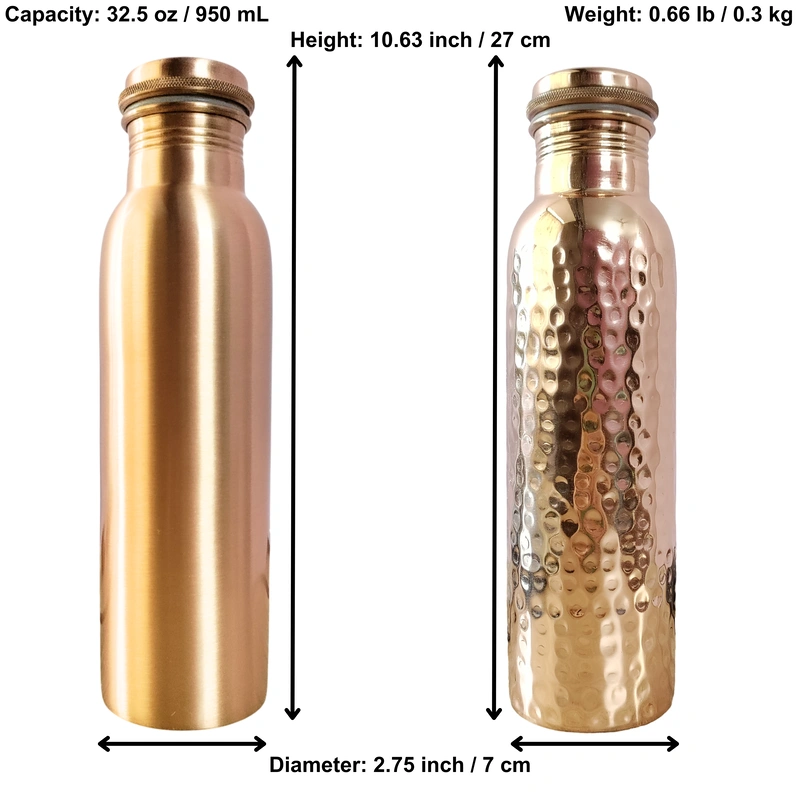 Set of 2 Plain Finish Copper Water Bottle &amp; Hammered Copper Water Bottle | 32.5 OZ/950 ML each | Handmade &amp; Ayurveda Yoga Health Benefits | Detoxifies Body, Improves Digestion, Immunity &amp; Skin Tone-1