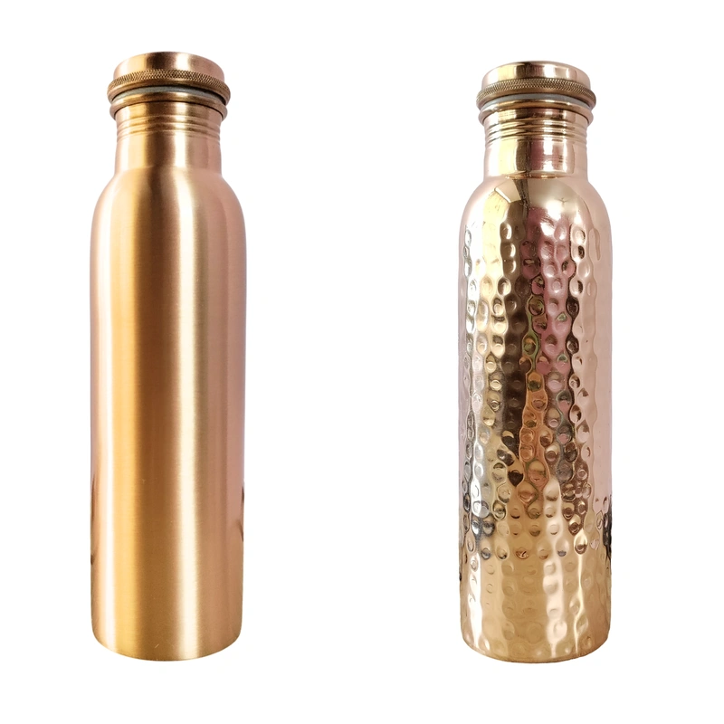 Set of 2 Plain Finish Copper Water Bottle &amp; Hammered Copper Water Bottle | 32.5 OZ/950 ML each | Handmade &amp; Ayurveda Yoga Health Benefits | Detoxifies Body, Improves Digestion, Immunity &amp; Skin Tone-2