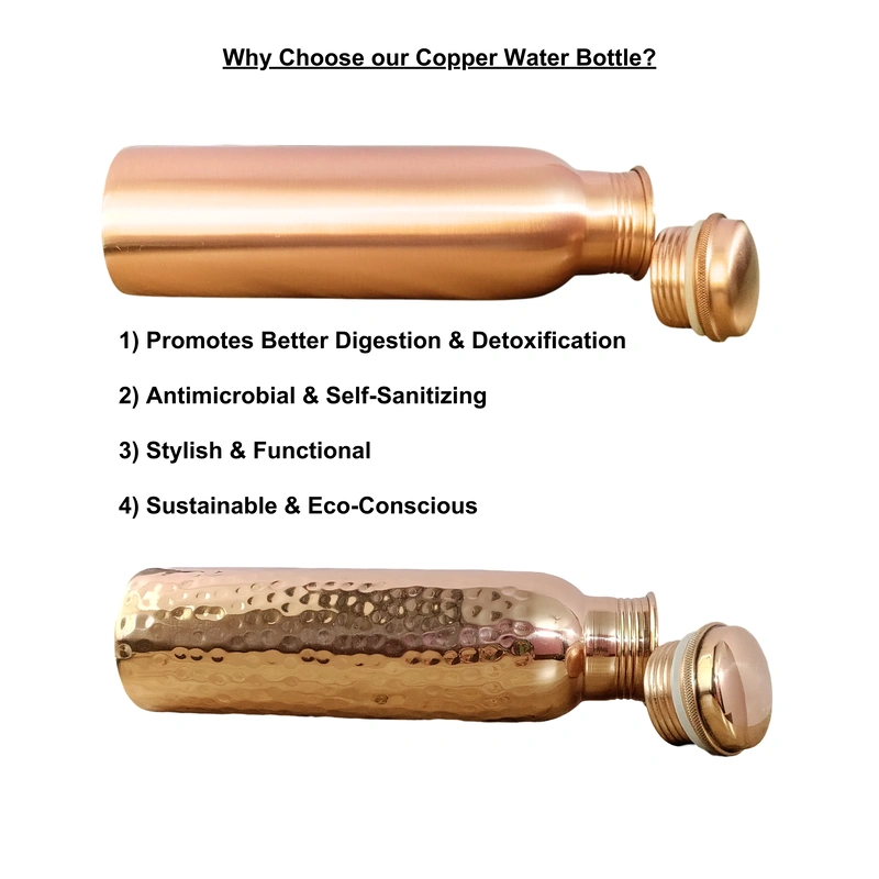 Set of 2 Plain Finish Copper Water Bottle &amp; Hammered Copper Water Bottle | 32.5 OZ/950 ML each | Handmade &amp; Ayurveda Yoga Health Benefits | Detoxifies Body, Improves Digestion, Immunity &amp; Skin Tone-4