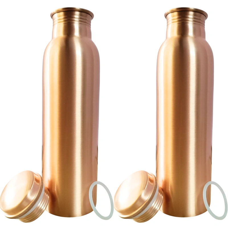 Set of 2 Plain Finish Copper Water Bottles | 32.5 OZ/950 ML each | Handcrafted in India with Ayurveda &amp; Yoga Health Benefits | Detoxifies Body, Improves Digestion, Immunity &amp; Skin Tone-MSENT_MORAD_PLAIN_A_2_950ML