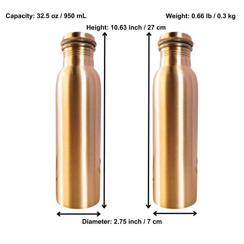 Set of 2 Plain Finish Copper Water Bottles | 32.5 OZ/950 ML each | Handcrafted in India with Ayurveda &amp; Yoga Health Benefits | Detoxifies Body, Improves Digestion, Immunity &amp; Skin Tone-1