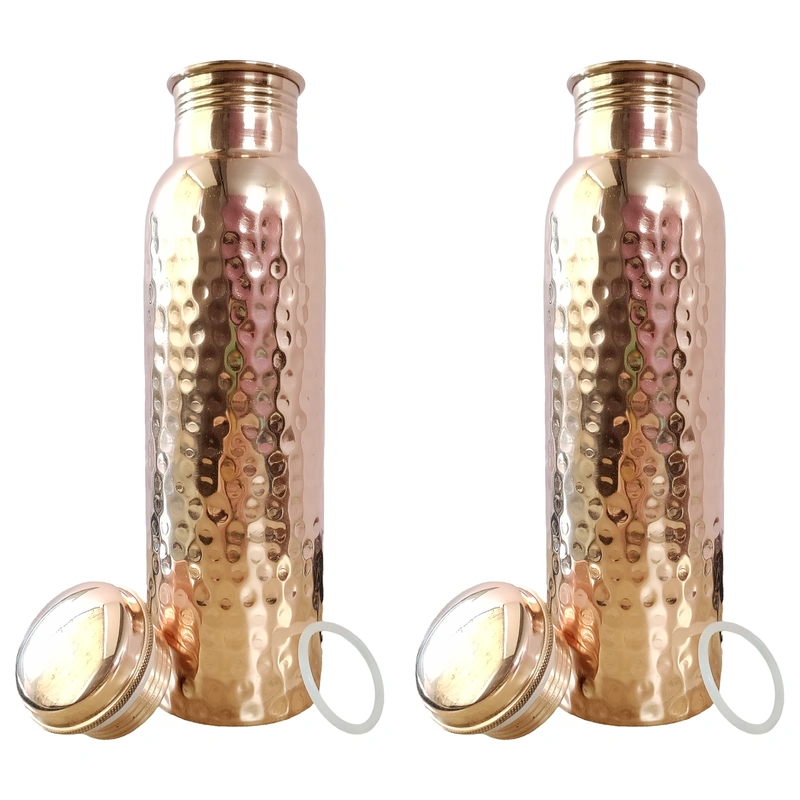 Set of 2 Hammered Copper Water Bottles | 32.5 OZ/950 ML each | Handcrafted in India with Ayurveda &amp; Yoga Health Benefits | Detoxifies Body, Improves Digestion, Immunity &amp; Skin Tone-MSENT_MORAD_HAMMERED_A_2_950ML