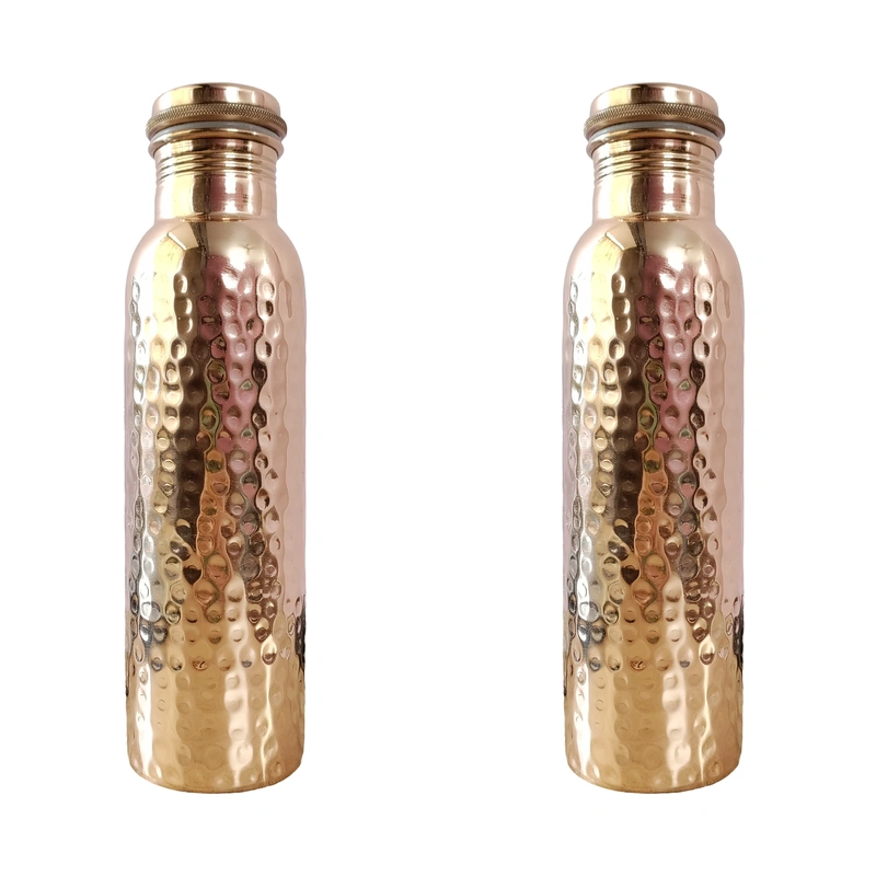 Set of 2 Hammered Copper Water Bottles | 32.5 OZ/950 ML each | Handcrafted in India with Ayurveda &amp; Yoga Health Benefits | Detoxifies Body, Improves Digestion, Immunity &amp; Skin Tone-2