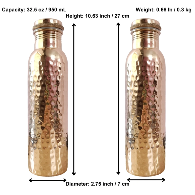 Set of 2 Hammered Copper Water Bottles | 32.5 OZ/950 ML each | Handcrafted in India with Ayurveda &amp; Yoga Health Benefits | Detoxifies Body, Improves Digestion, Immunity &amp; Skin Tone-1