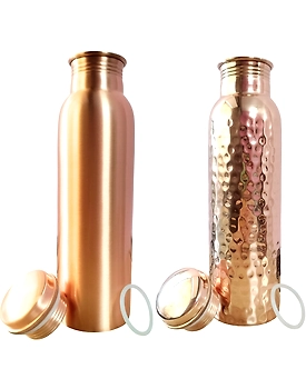 Set of 2 Plain Finish & Hammered Copper Water Bottles | 32.5 OZ/950 ML each | Handmade & Ayurveda Yoga Health Benefits | Detoxifies Body, Improves Digestion, Immunity & Skin Tone