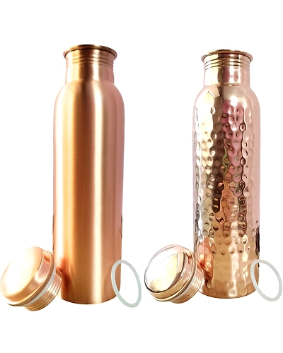 Set of 2 Plain Finish &amp; Hammered Copper Water Bottles | 32.5 OZ/950 ML each | Handmade &amp; Ayurveda Yoga Health Benefits | Detoxifies Body, Improves Digestion, Immunity &amp; Skin Tone-MSENT_MORAD_PLN_Ad_HAM_A_950ML